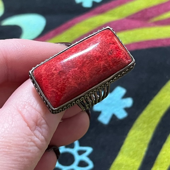 VTG Whimsigoth Red Coral Sterling Silver 925 Size 7 Statement Ring - Picture 3 of 8